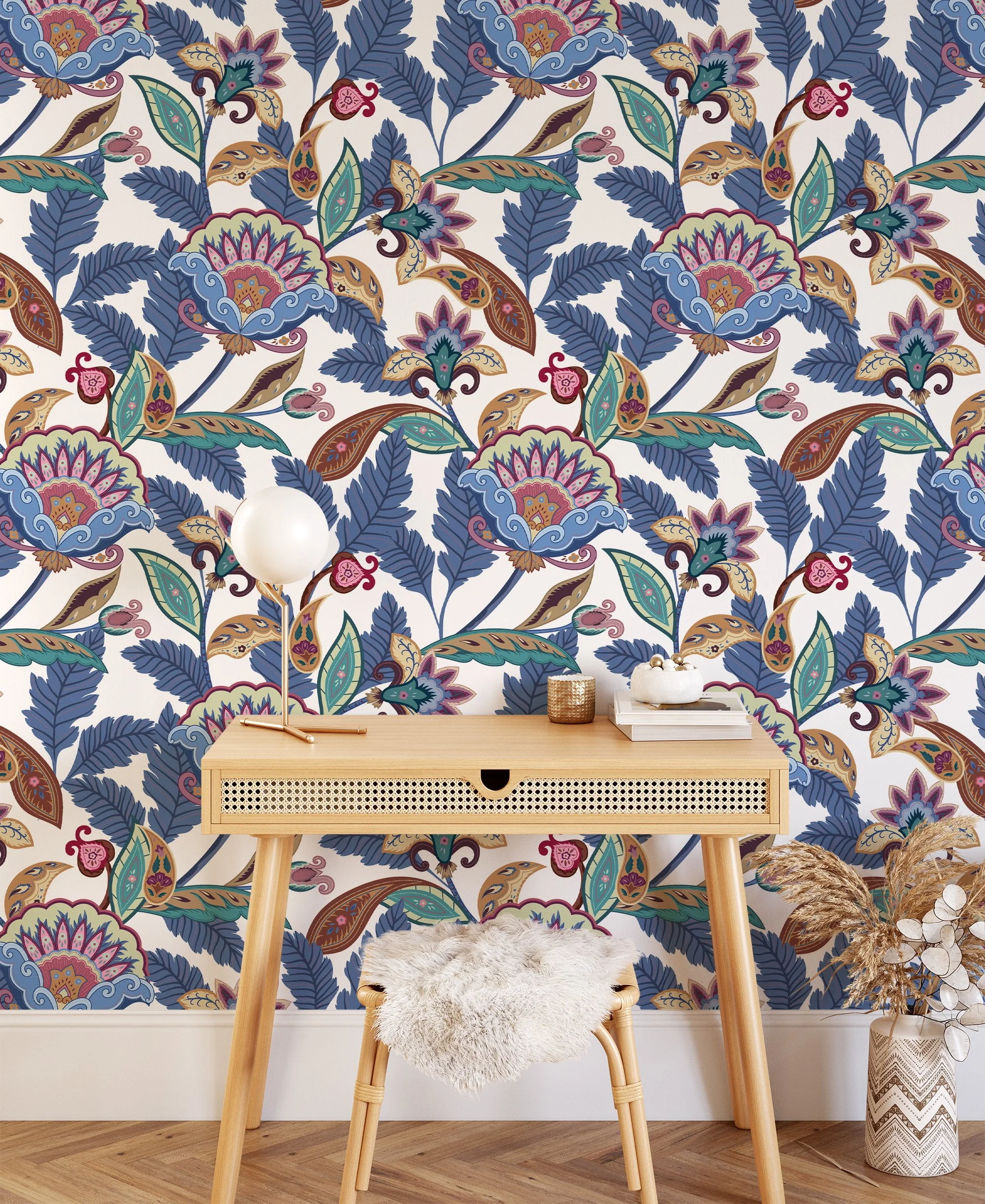 Paisley Style Wallpaper With Navy Blue Leaves, Art Deco Floral Peel & Stick Wall Mural