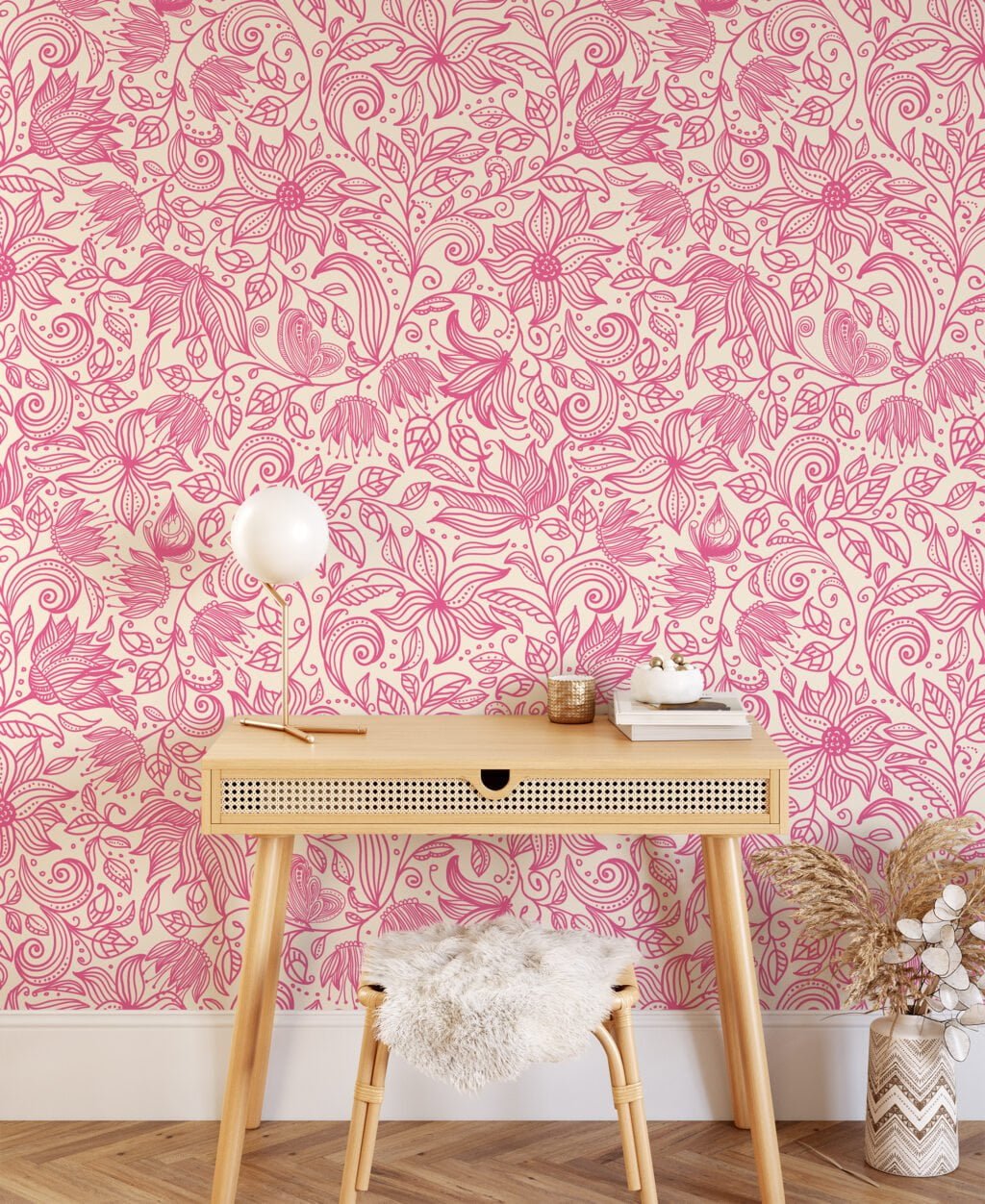 Pink Floral Line Art Paisley Pattern Wallpaper, Elegant Swirls and Blossoms Peel & Stick Wall Mural