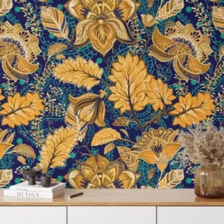 Yellow Floral Paisley Pattern Wallpaper, Luxurious Gold Floral Art Deco Peel & Stick Wall Mural