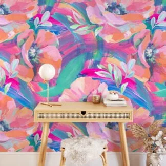 Large Floral Abstract Painted Effect Illustration Wallpaper, Vivid Watercolor Blossoms Peel & Stick Wall Mural
