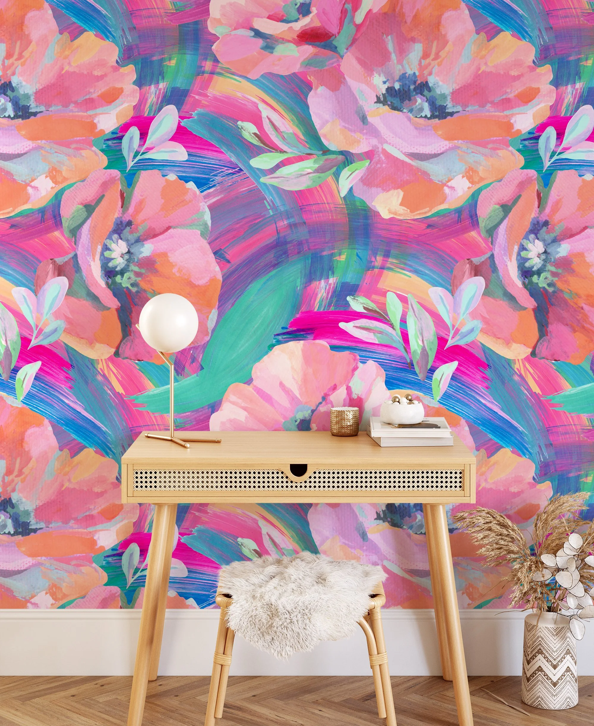 Large Floral Abstract Painted Effect Illustration Wallpaper, Vivid Watercolor Blossoms Peel & Stick Wall Mural