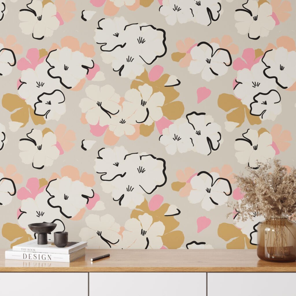 Abstract Floral Design Illustration Wallpaper, Neutral Elegant Peel & Stick Wall Mural