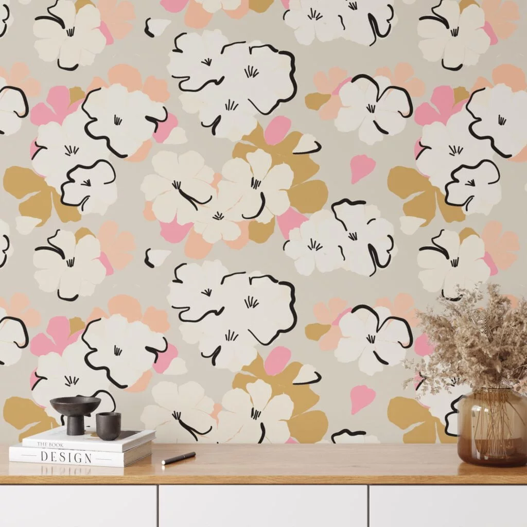 Abstract Floral Design Illustration Wallpaper, Neutral Elegant Peel & Stick Wall Mural