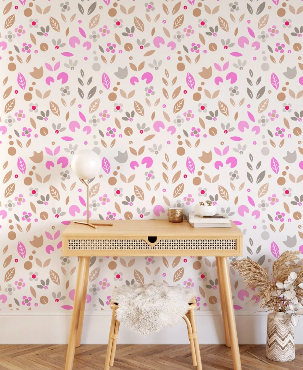 Flat Art Abstract Leaf Shapes Wallpaper, Modern Pink & Brown Nature Design Peel & Stick Wall Mural