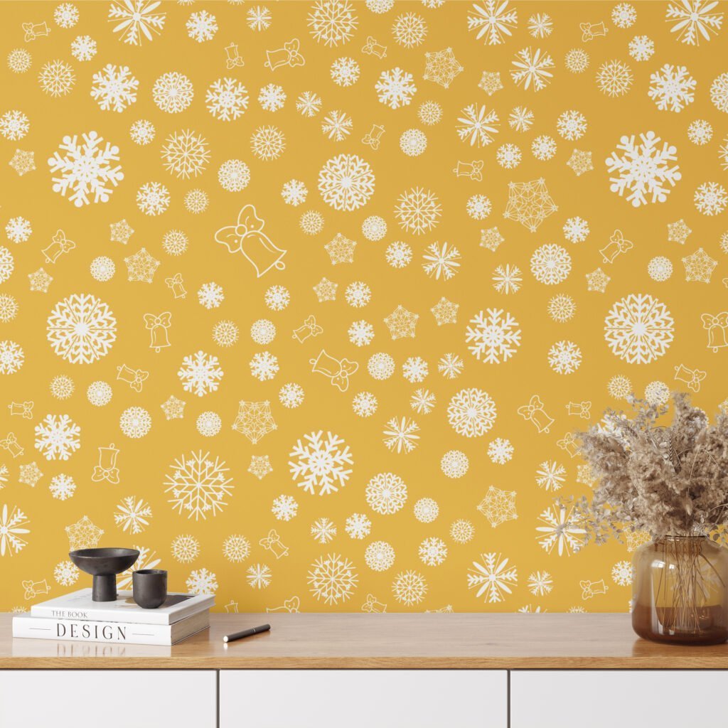 White Snowflakes On A Yellow Background Illustration Wallpaper, Whimsical and Warm Peel & Stick Wall Mural