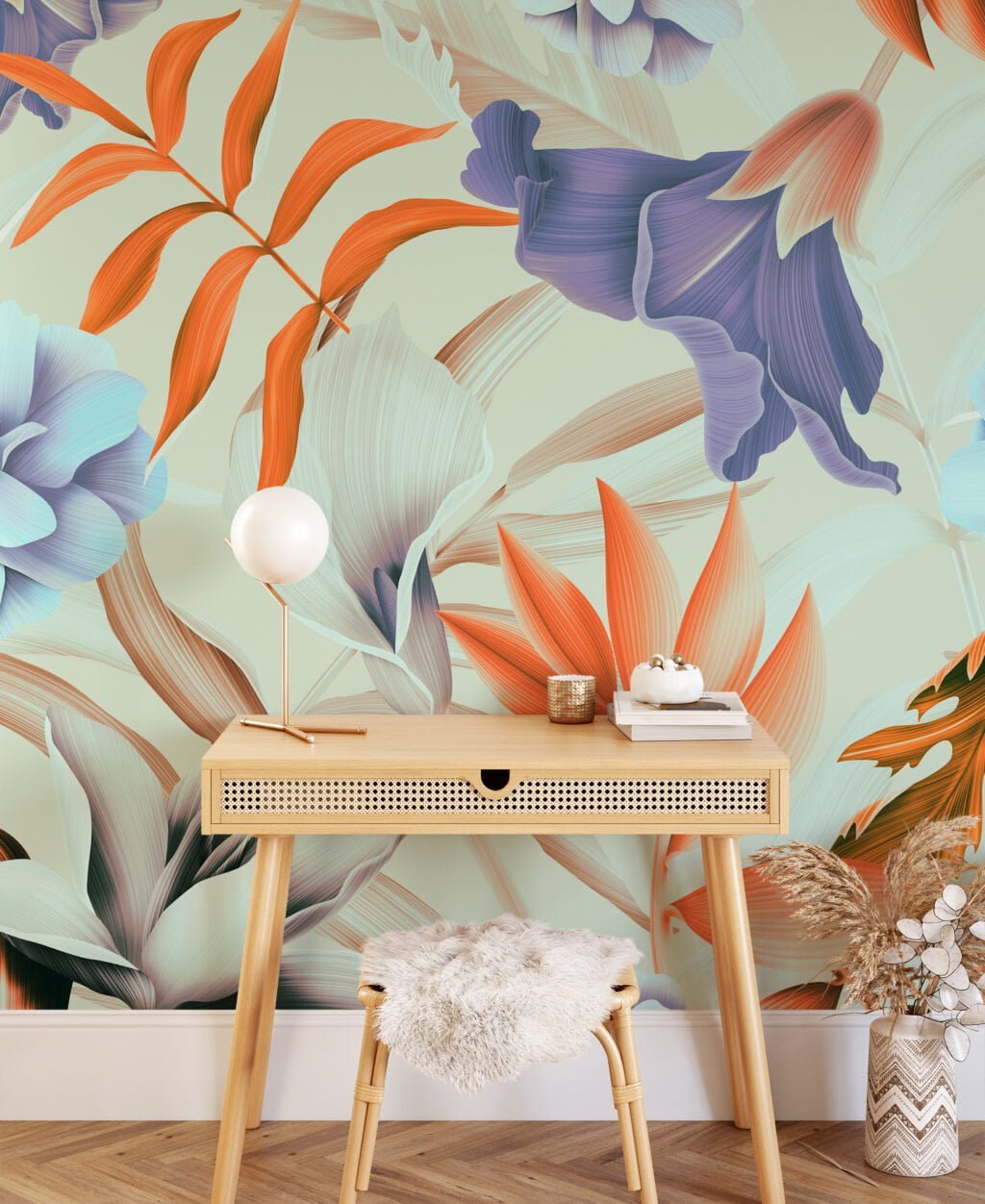 Blooming Beige And Purple Flowers With Orange Leaves Wallpaper, Abstract Blossoms Peel & Stick Wall Mural