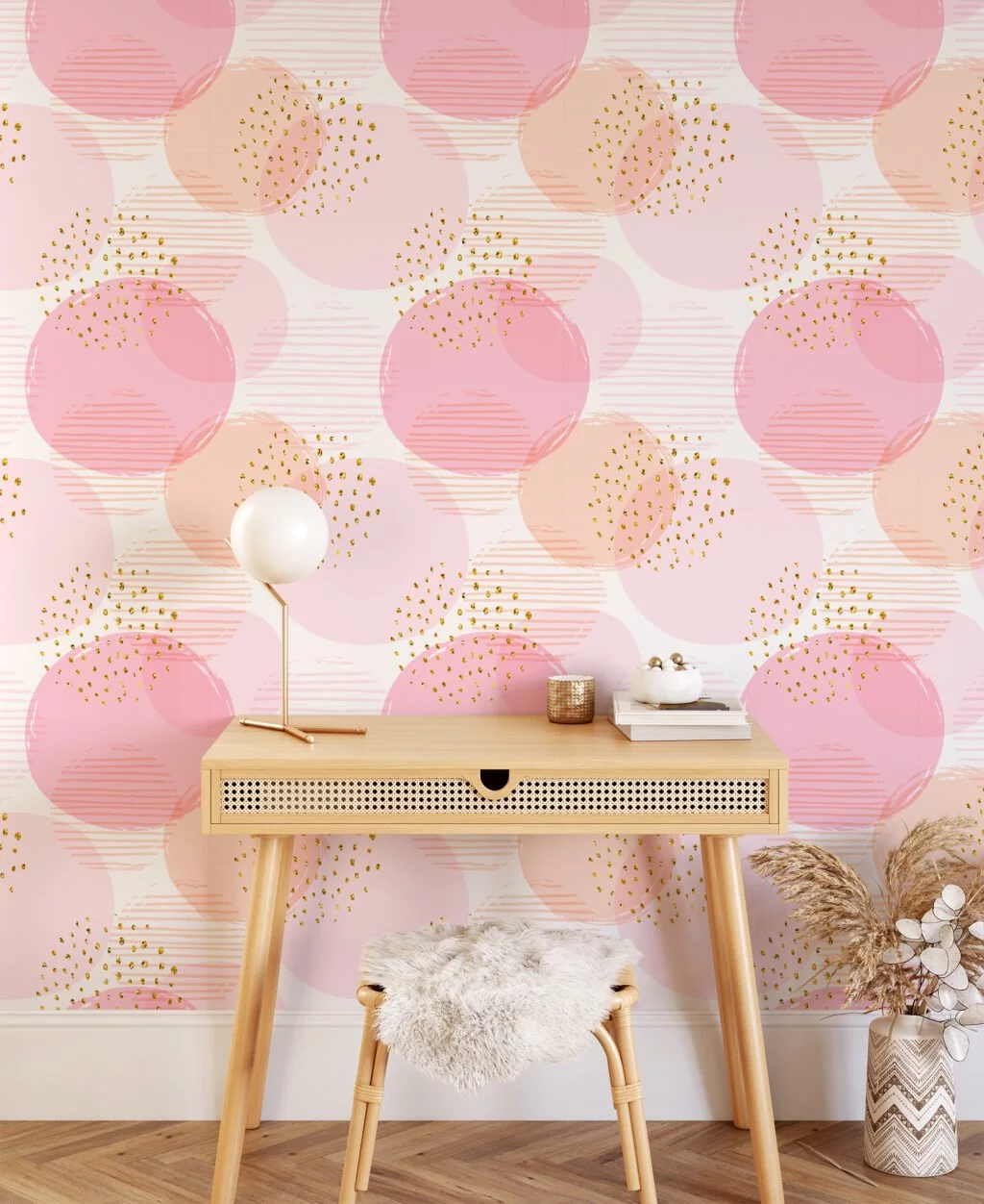 Pink Confetti Circles Illustration Pattern Wallpaper, Soft Pink Spheres & Golden Specks Peel & Stick Wall Mural