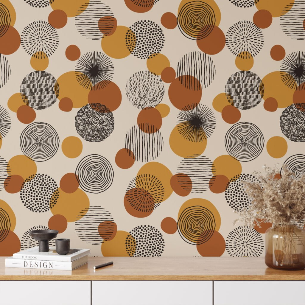 70s Style Circle Patterns Illustration Wallpaper, Retro-Inspired Abstract Dots Peel & Stick Wall Mural