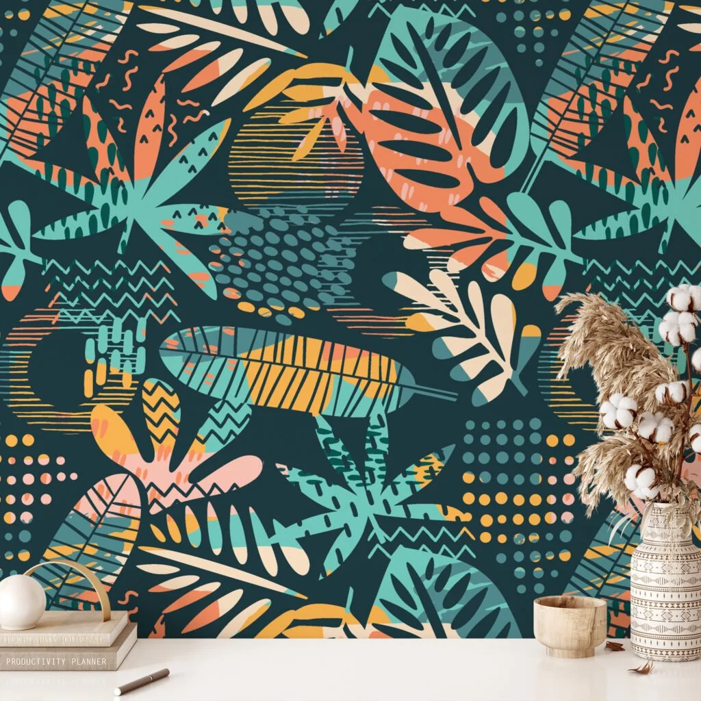 Abstract Large Tropical Silhouette Leaves Flat Art Design Wallpaper, Lush Tropical Foliage Peel & Stick Wall Mural