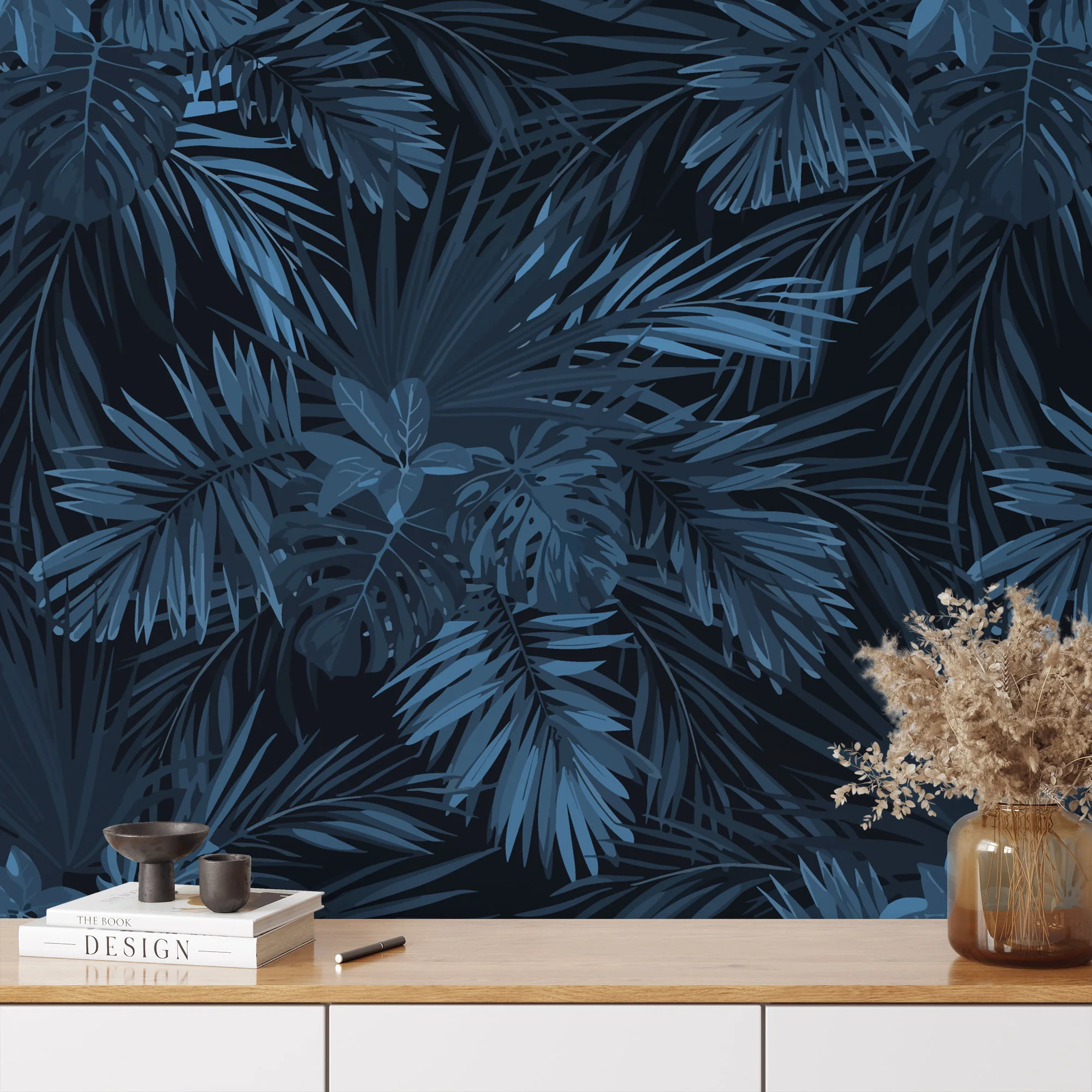 Midnight Blue Tropical Leaves Illustration Wallpaper, Luxury Dark Peel & Stick Wall Mural