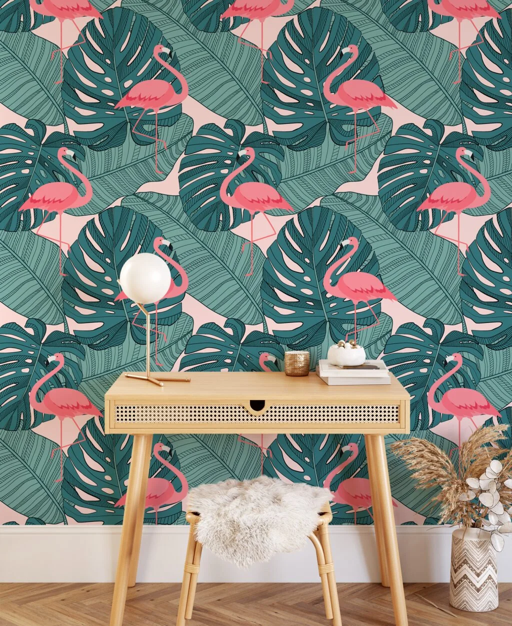 Large Monstera Leaves Line Art With Pink Flamingos Illustration Wallpaper, Chic Flamingo Peel & Stick Wall Mural