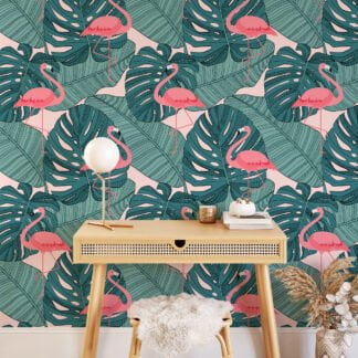 Large Monstera Leaves Line Art With Pink Flamingos Illustration Wallpaper, Chic Flamingo Peel & Stick Wall Mural