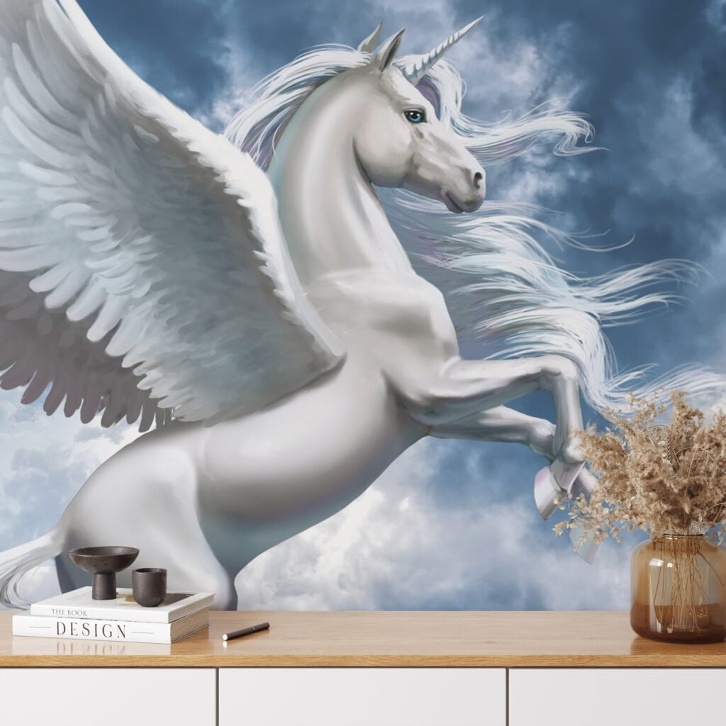 Large White Mystical Fantasy Unicorns With Castles In The Clouds Wallpaper, Enchanted Pegasus Peel & Stick Wall Mural