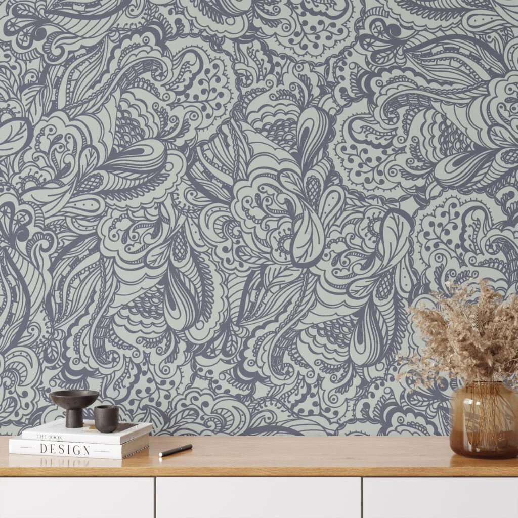 Damask Pattern Line Art Wallpaper, Vintage Inspired Paisley Peel & Stick Wall Mural