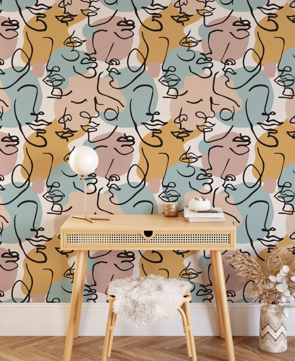 Abstract Human Face Design Pattern Wallpaper, Modern Faces Collage Peel & Stick Wall Mural
