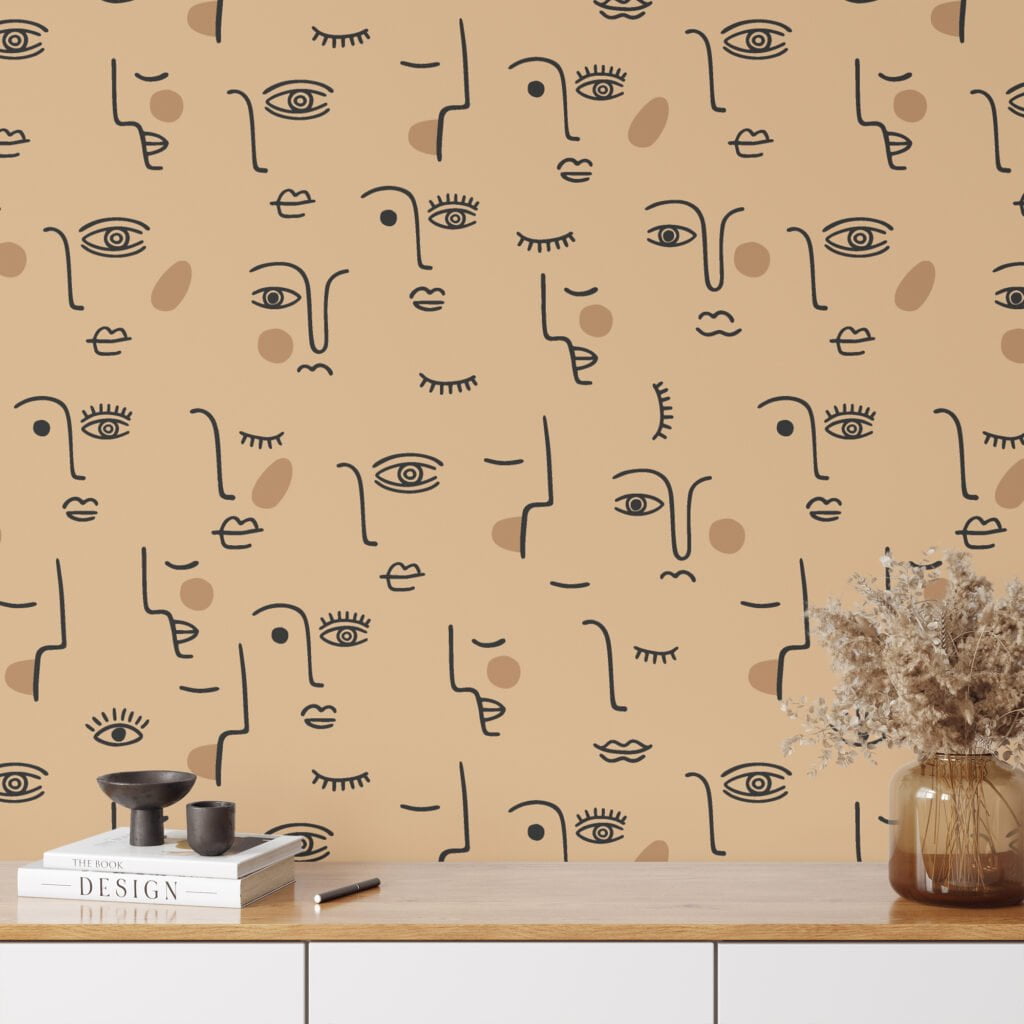 Neutral Abstract Boho Line Art Faces Illustration Wallpaper, Abstract Doodle Faces Peel & Stick Wall Mural