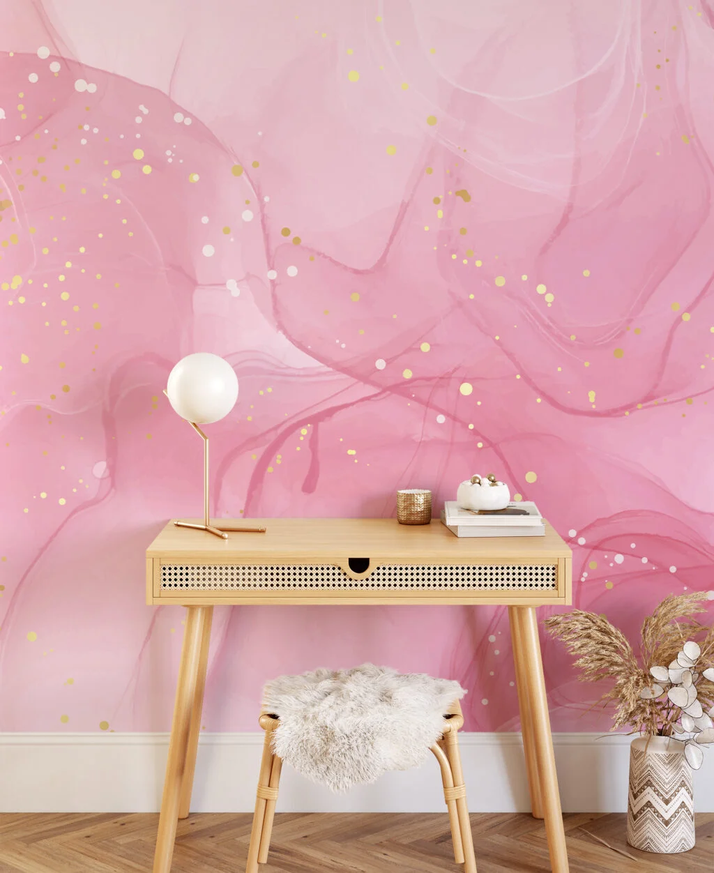 Pink Marble Illustration Wallpaper, Elegant Pink And Gold Specks Peel & Stick Wall Mural