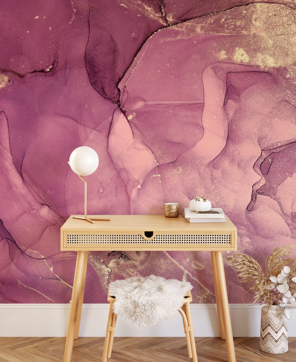 Pink Rose Gold Marble Ink Art Wallpaper, Lavish Deep Pink Peel & Stick Wall Mural