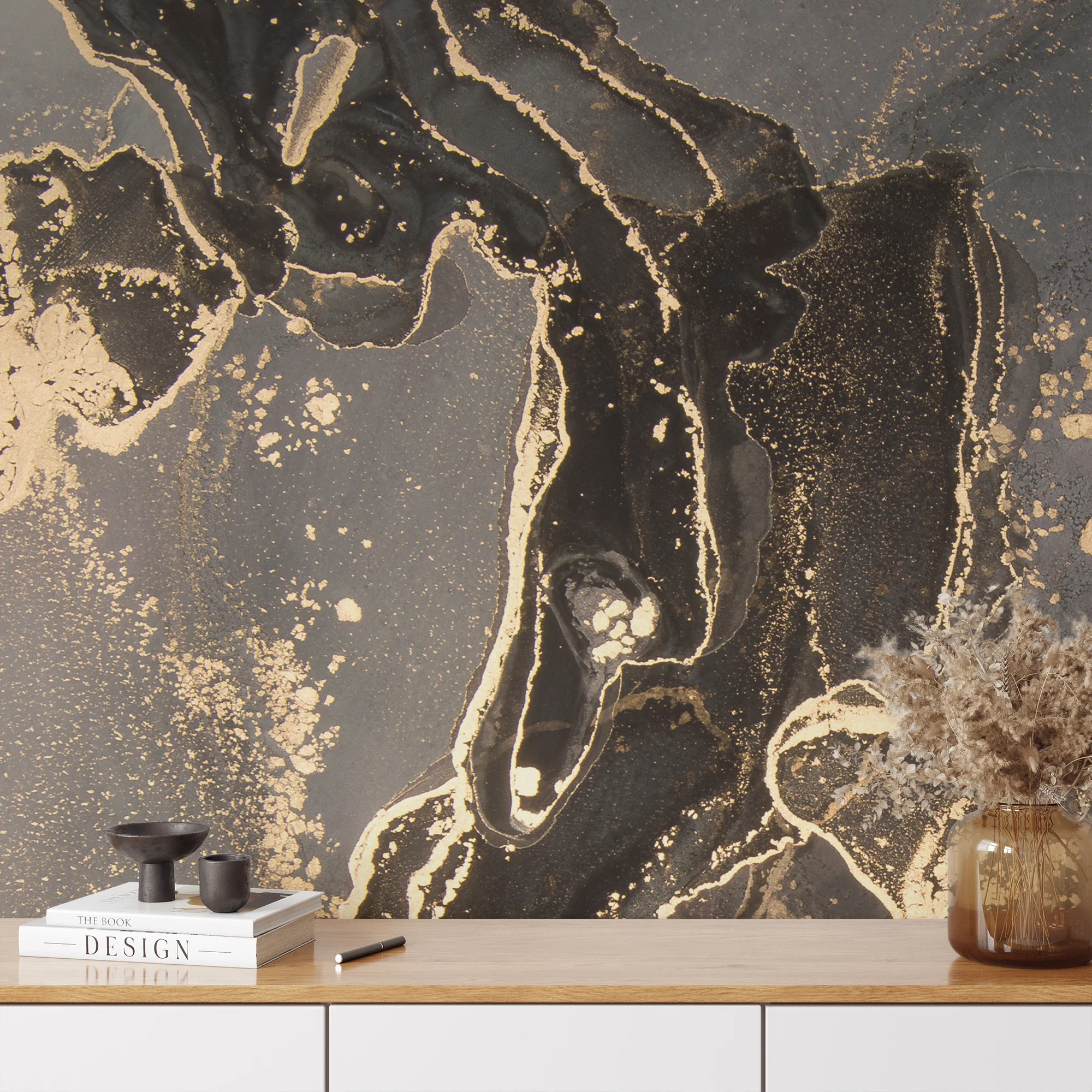 Dark Brown And Grey Marble Ink Art Wallpaper, Dramatic Marble Peel & Stick Wall Mural