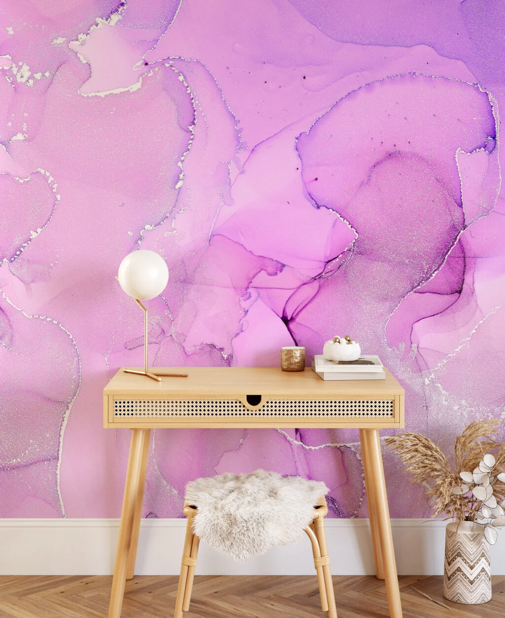 Pink Purple Alcohol Ink Art Marble Wallpaper, Lush Pink Peel & Stick Wall Mural