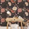 Traditional Style Floral Wallpaper With Rose Pink Birds and A Dark Background Wallpaper, Vintage Elegant Peel & Stick Wall Mural