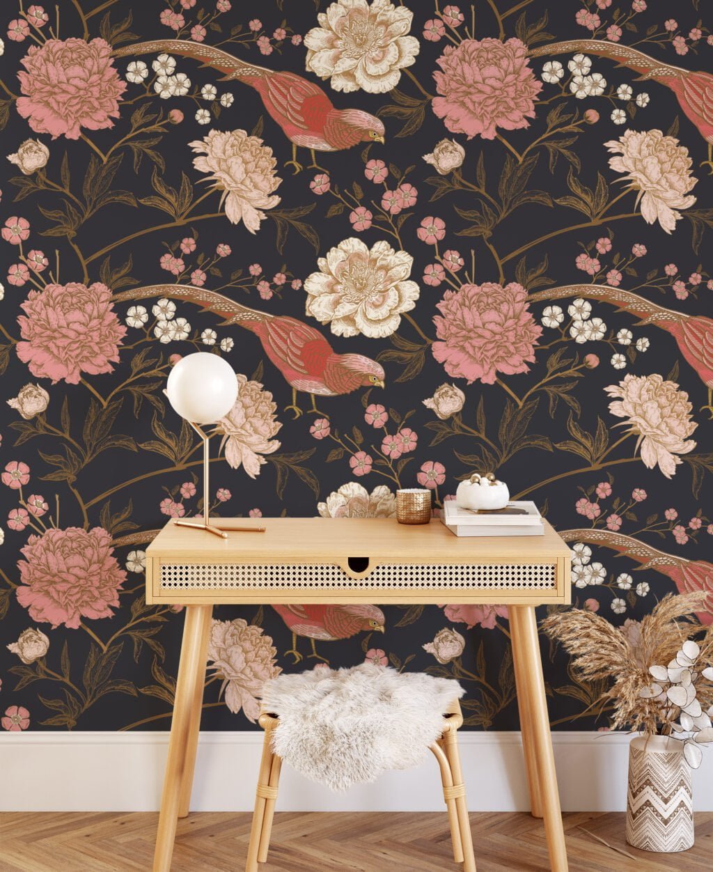 Traditional Style Floral Wallpaper With Rose Pink Birds and A Dark Background Wallpaper, Vintage Elegant Peel & Stick Wall Mural