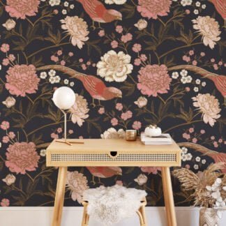 Traditional Style Floral Wallpaper With Rose Pink Birds and A Dark Background Wallpaper, Vintage Elegant Peel & Stick Wall Mural