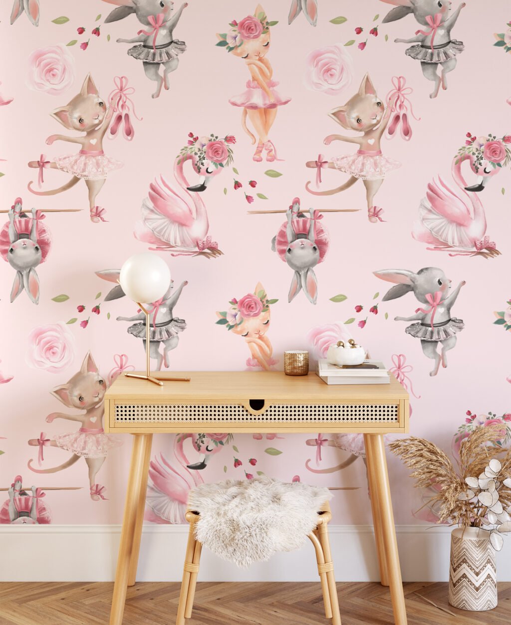 Watercolor Cute Pink Princess Ballerina Bunny And Cats Illustration Wallpaper, Enchanting Ballet Animals Peel & Stick Wall Mural