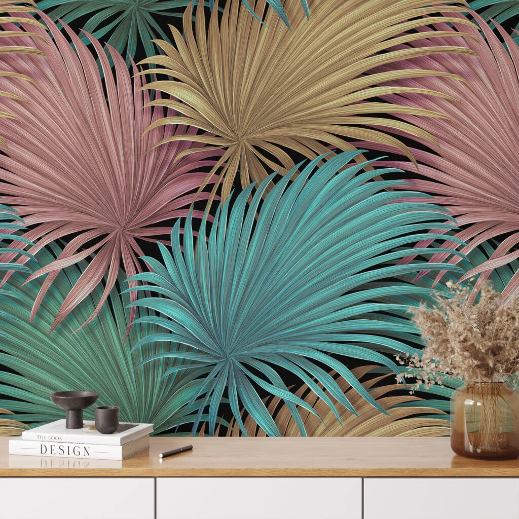 Tropical Pastel Leaves On A Dark Background Wallpaper, Abstract Tropical Leaves Peel & Stick Wall Mural