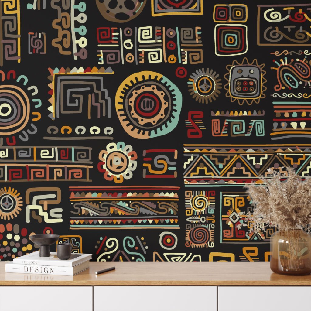 Abstract Historic Hieroglyphs Illustration Wallpaper, Geometric Tribal Decor Peel & Stick Wall Mural