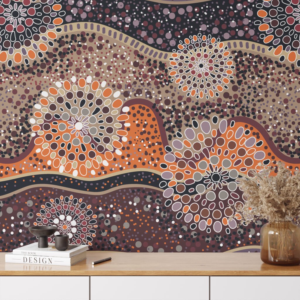 Oriental Cells Pattern Illustration Wallpaper, Earthy Tones Dot Art Peel & Stick Wall Mural