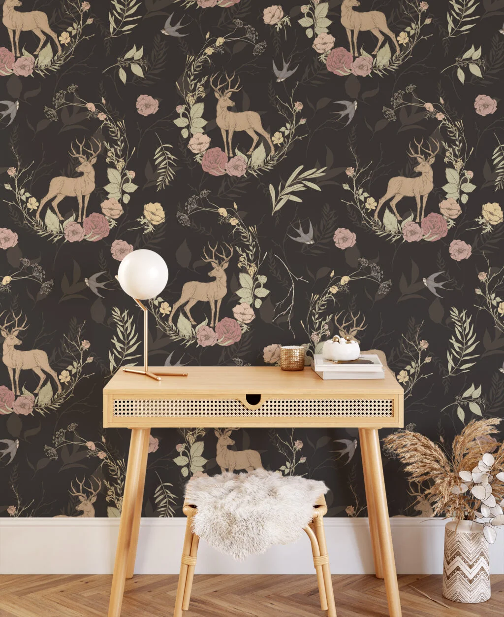 Vintage Floral Design With Reindeers Illustration Wallpaper, Enchanted Forest Peel & Stick Wall Mural