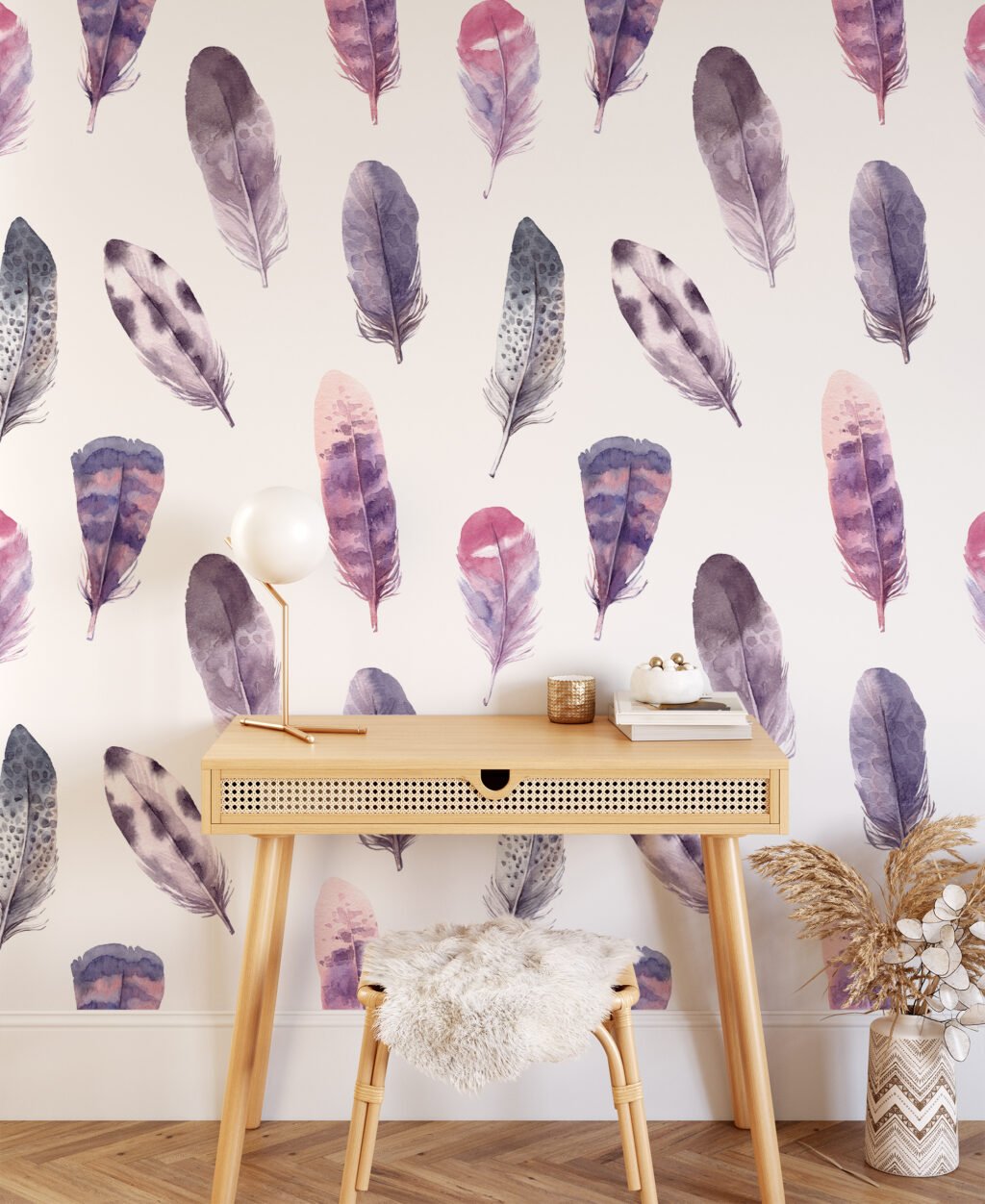 Watercolor Pastel Feathers Pattern Wallpaper, Whispering Soft Feathers Peel & Stick Wall Mural