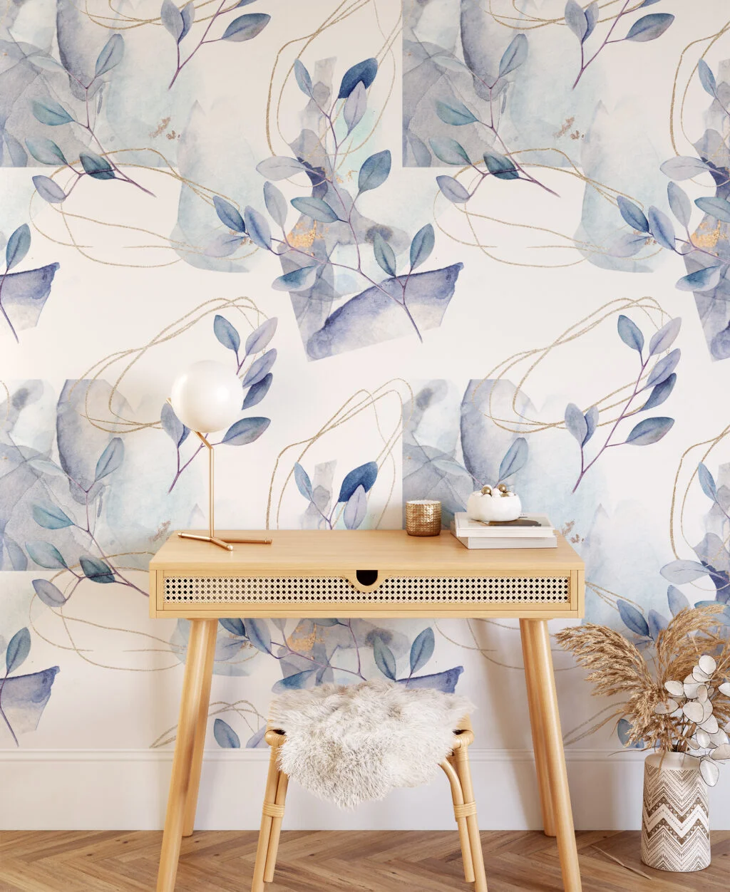 Watercolor Style Pastel Leaf Branches Illustration Wallpaper, Ethereal Blue Purple Leaves Peel & Stick Wall Mural