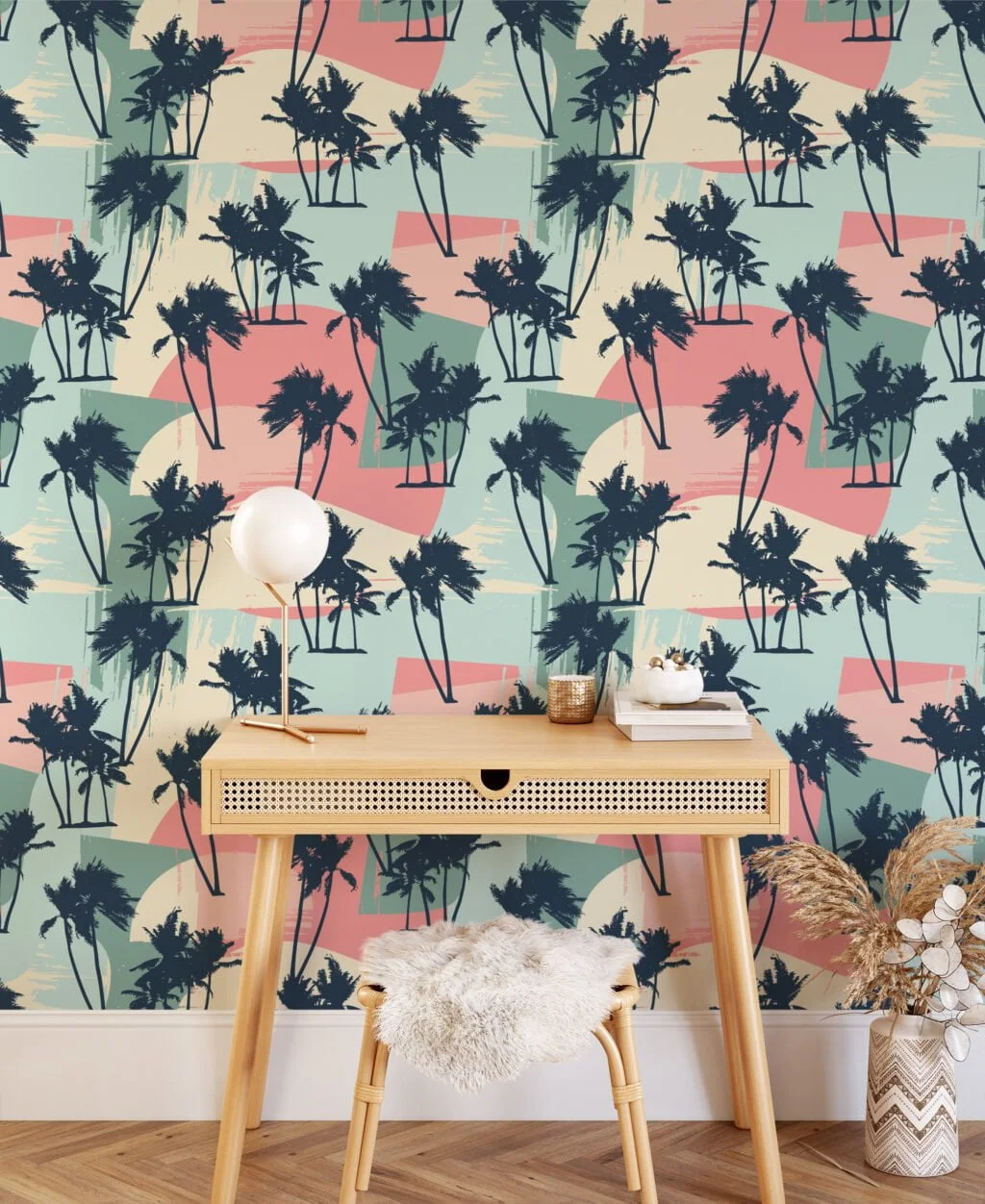 Abstract Retro Colored Tropical Illustration Wallpaper, Tropical Palm Silhouette Peel & Stick Wall Mural