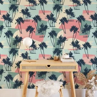 Abstract Retro Colored Tropical Illustration Wallpaper, Tropical Palm Silhouette Peel & Stick Wall Mural