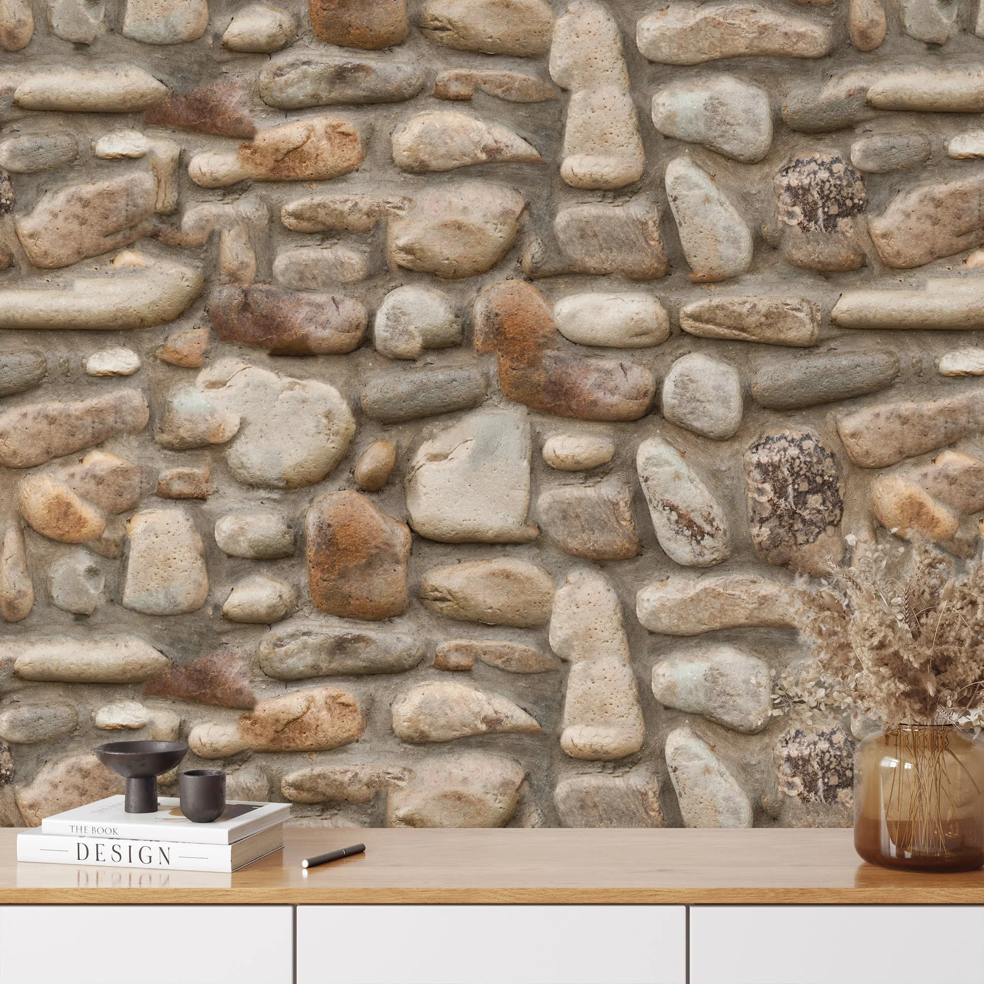 Earth Tones Large Stone Wall Wallpaper, Nature Inspired Faux Decor Peel & Stick Wall Mural