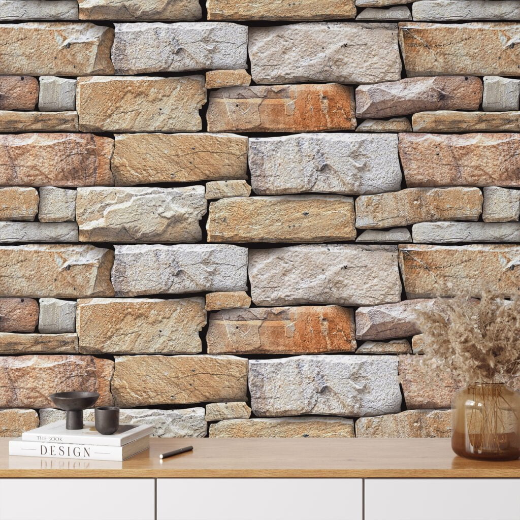 Brick Wall Stone Pattern Wallpaper, Detailed Faux Stonework Peel & Stick Wall Mural
