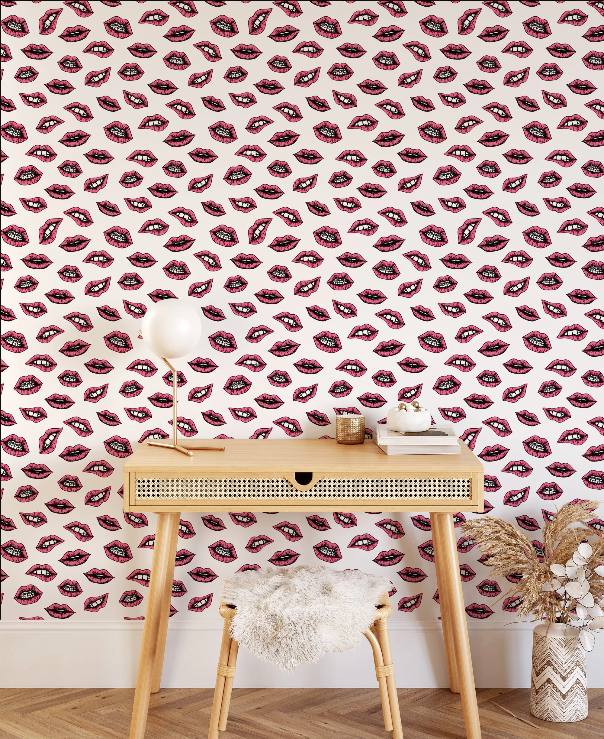 Retro Cartoon Mouths Illustration Wallpaper, Pink Lips Pattern Wallpaper, Line Art Kisses Peel and Stick Wall Mural