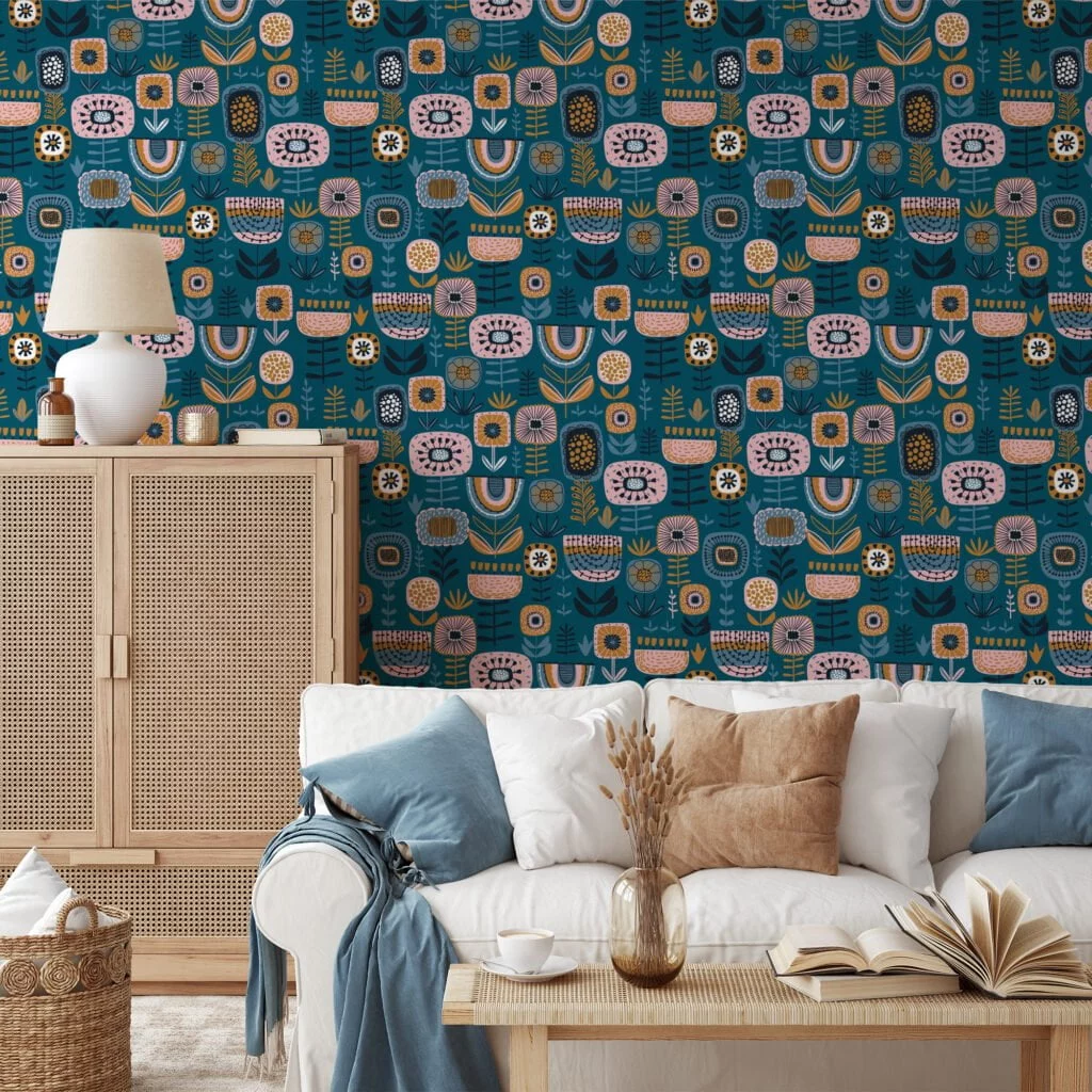 Folk Art Abstract Flower Design Illustration Wallpaper, Abstract Garden Pattern Peel & Stick Wall Mural