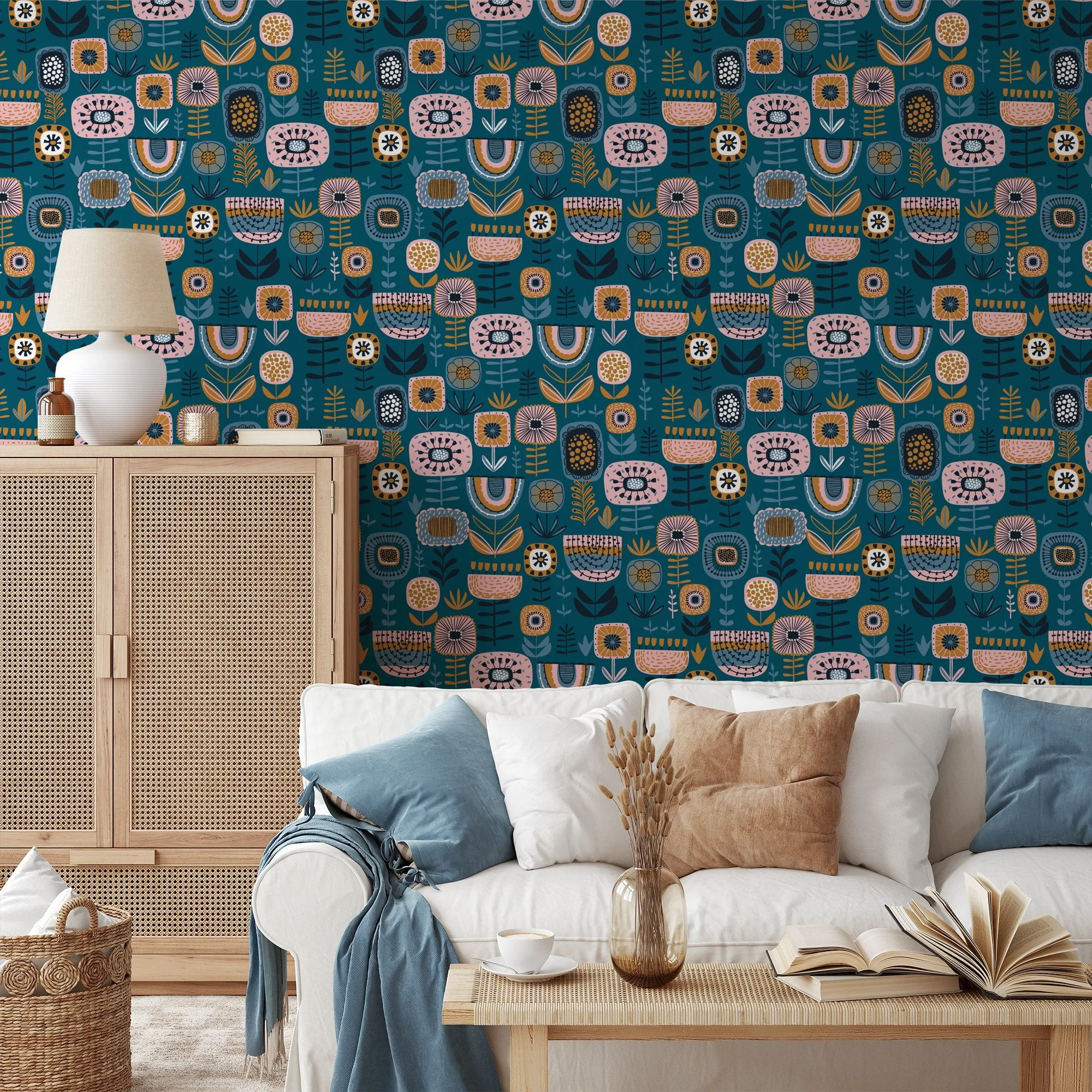 Folk Art Abstract Flower Design Illustration Wallpaper, Abstract Garden Pattern Peel & Stick Wall Mural