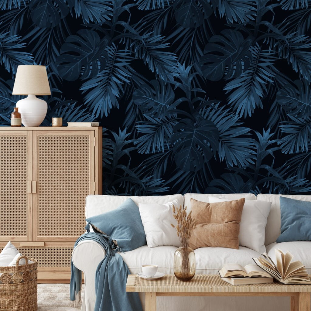 Dark Blue Tropical Leaves Forest Illustration Wallpaper, Dark Elegant Peel & Stick Wall Mural