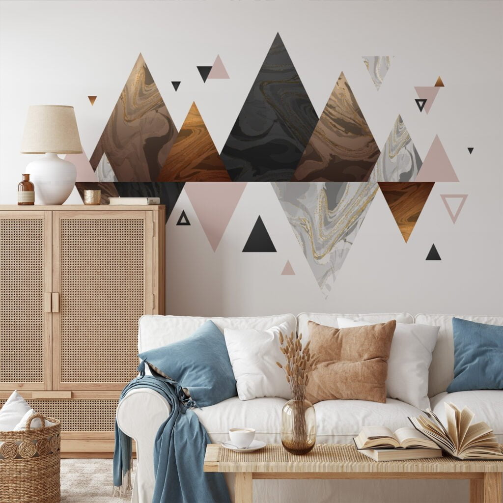 Neutral Colored Geometric Wallpaper With Abstract Mountains, Modern Gold and Black Triangle Peel & Stick Wall Mural