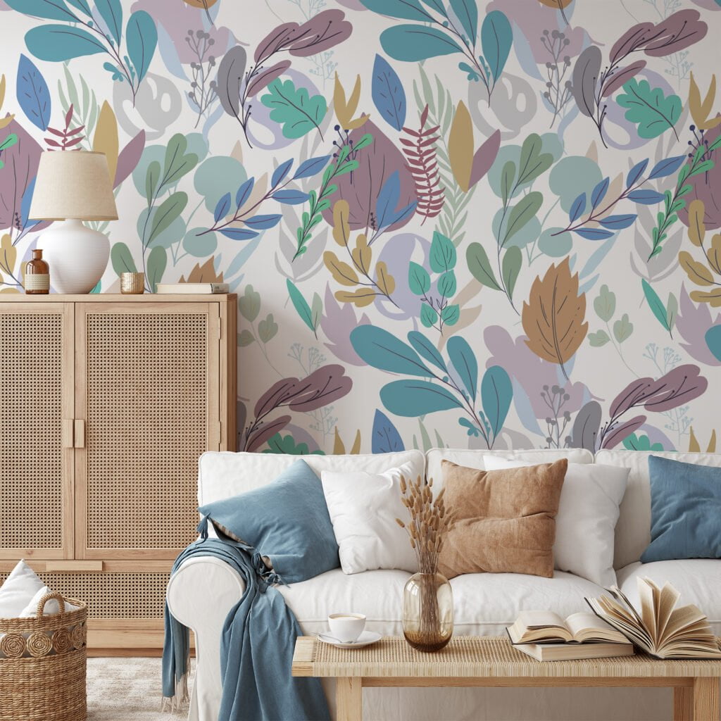 Flat Art Leaves And Branches Illustration Wallpaper, Soft Pastel Leaves Peel & Stick Wall Mural