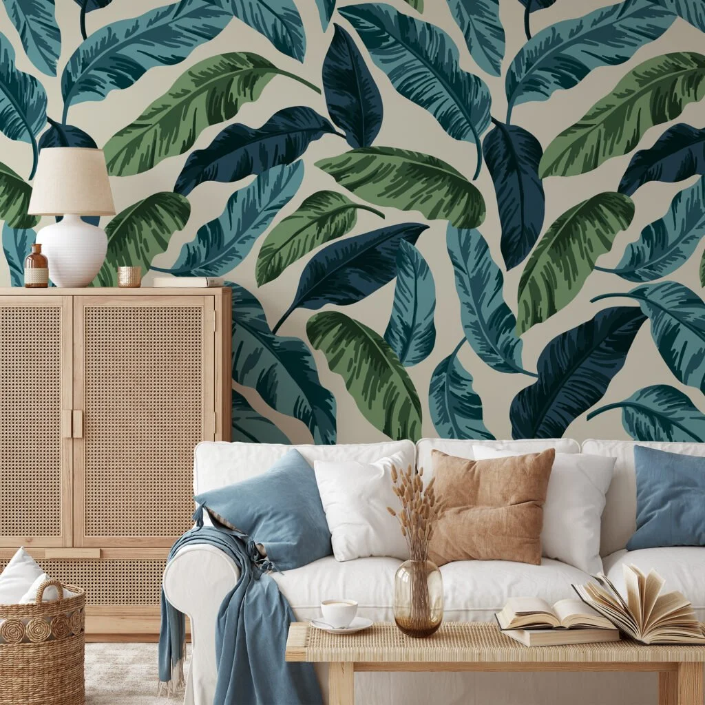 Large Green And Blue Leaves Wallpaper, Nature-Inspired Peel & Stick Wall Mural