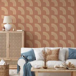 Abstract Boho Shapes Pattern Illustration Wallpaper, Minimalist Elegant Terracotta Peel & Stick Wall Mural