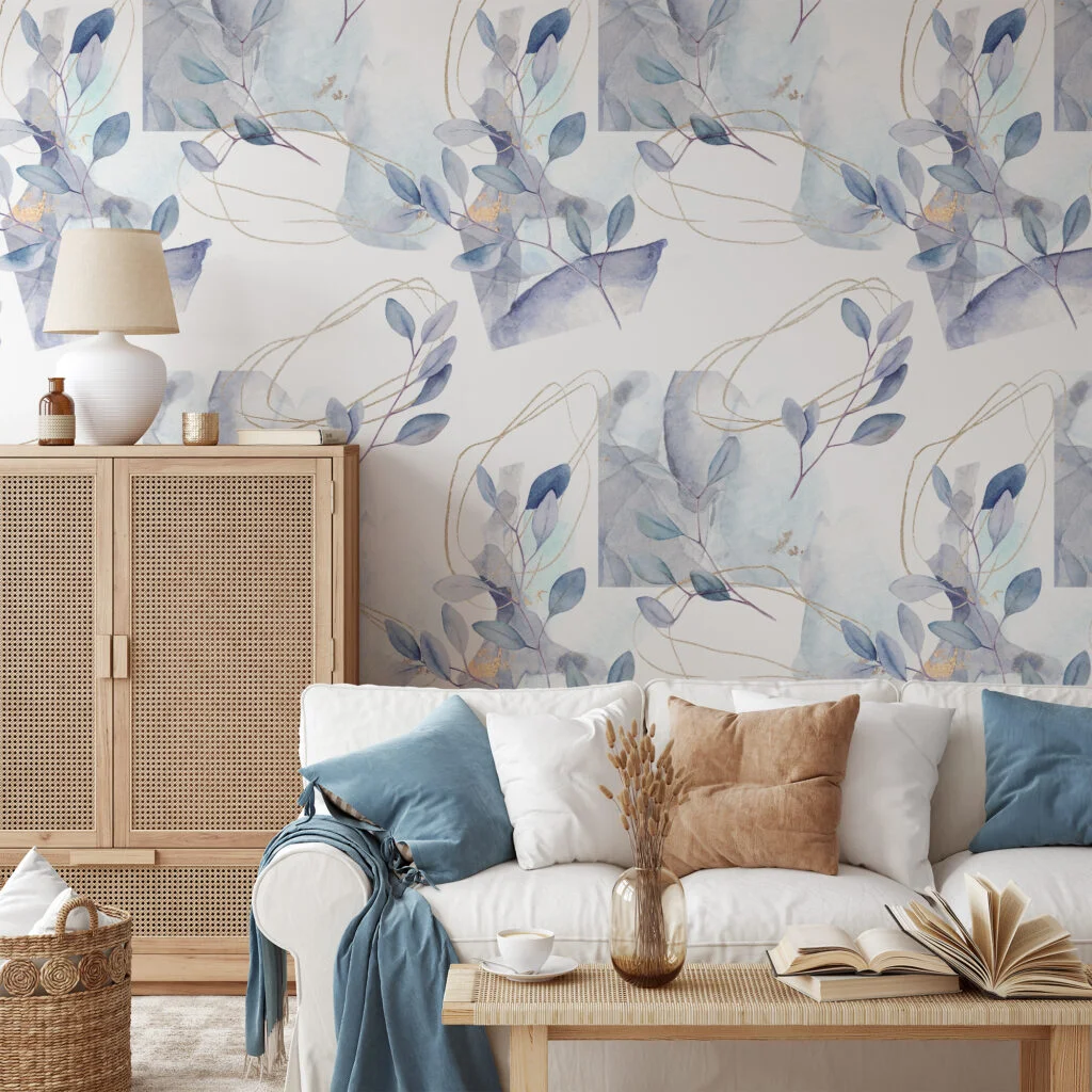 Watercolor Style Pastel Leaf Branches Illustration Wallpaper, Ethereal Blue Purple Leaves Peel & Stick Wall Mural