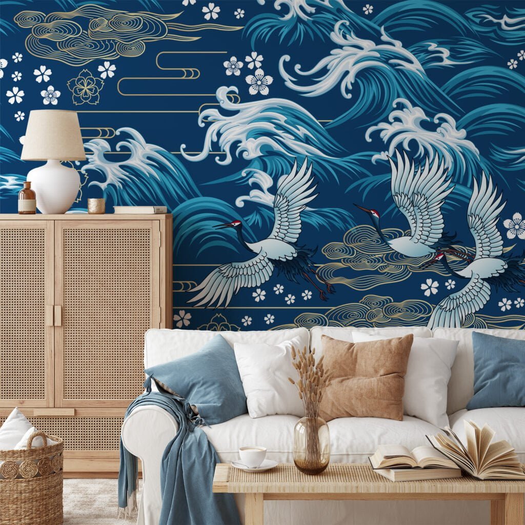 Traditional Blue Wallpaper With Large Cranes And Waves Illustration, Elegant Crane & Wave Peel & Stick Wall Mural