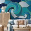 Large Abstract Waves With Blue Shades Wallpaper, Elegant Swirling Waves Peel & Stick Wall Mural
