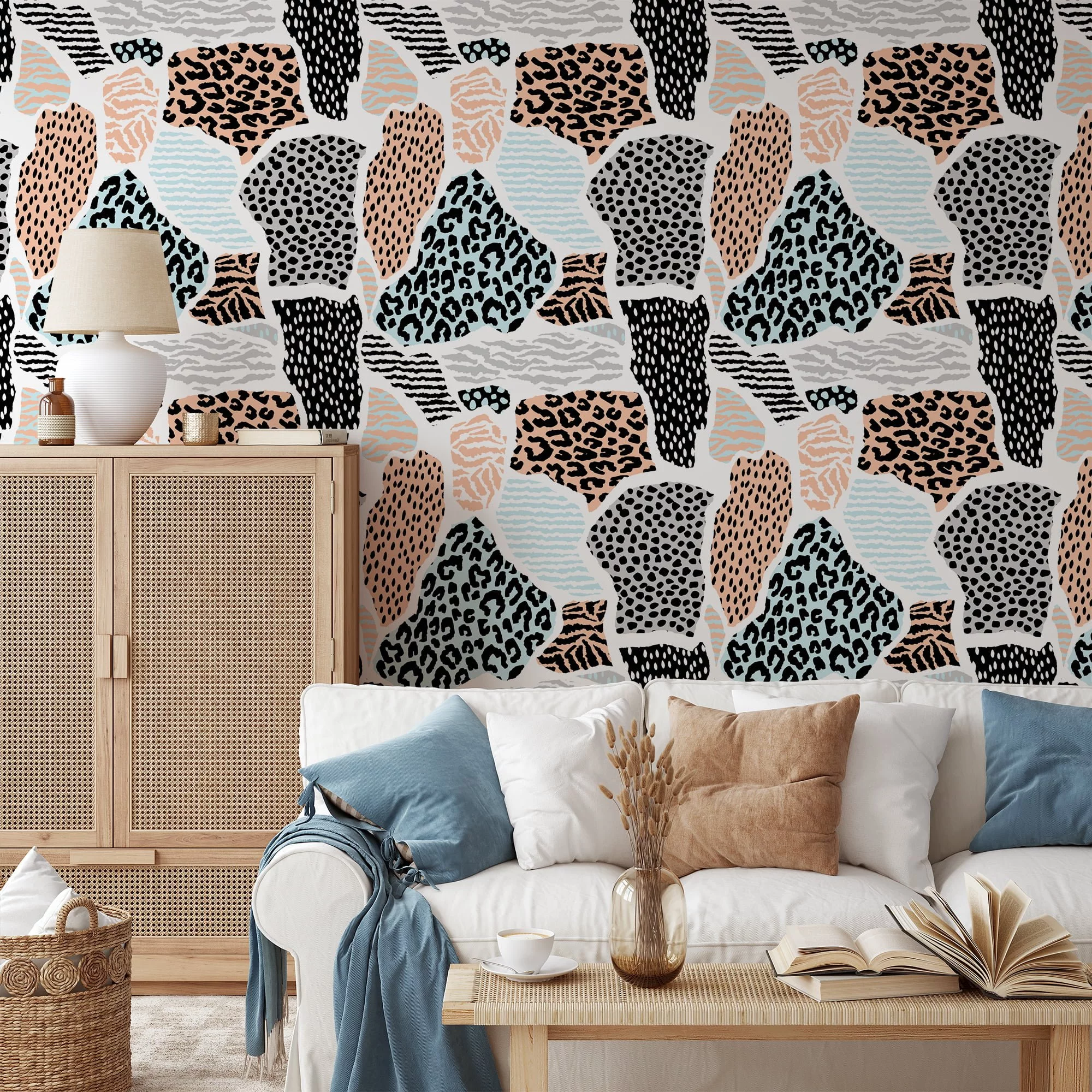 Abstract Leopard Print Illustration Wallpaper, Animal Monochrome & Brown Wall Design Peel & Stick Wall Mural